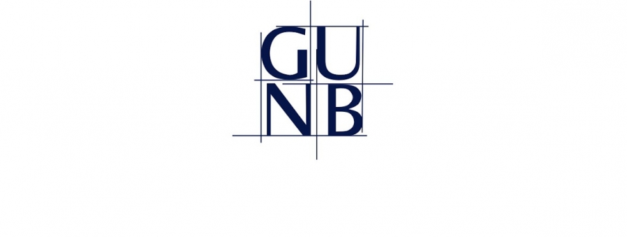 logotyp GUNB, niebieskie litery na białym tle