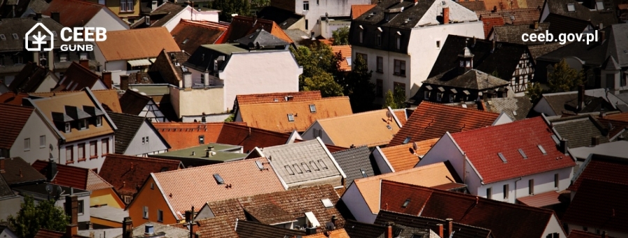 Grafika przedstawiająca dachy domów. W górnym lewym rogu logo CEEB. W prawym górnym rogu adres strony ceeb.gov.pl